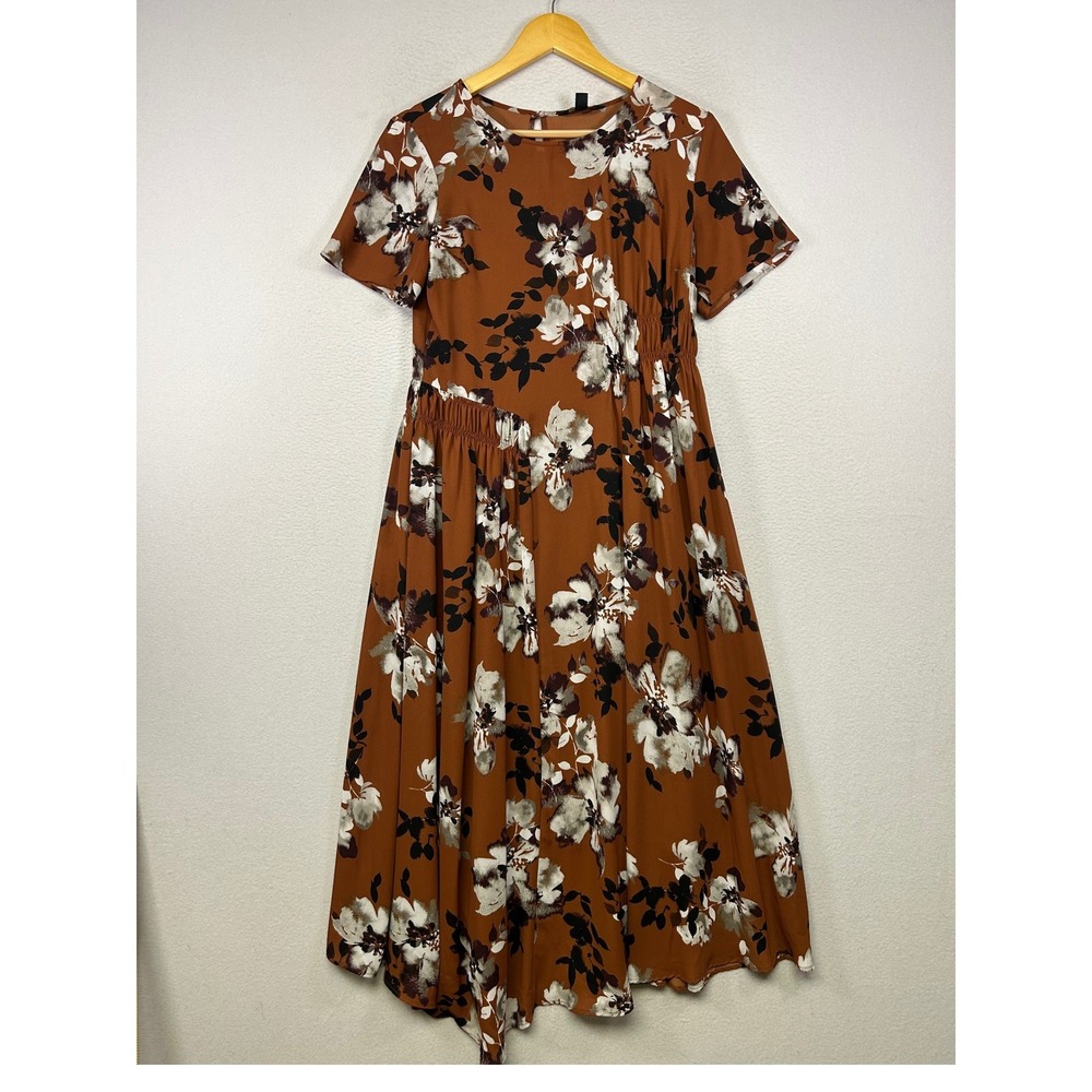 Boho Cottagecore Simply‎ Vera Vera Wang Women M Rust Floral Smocked Midi Dress